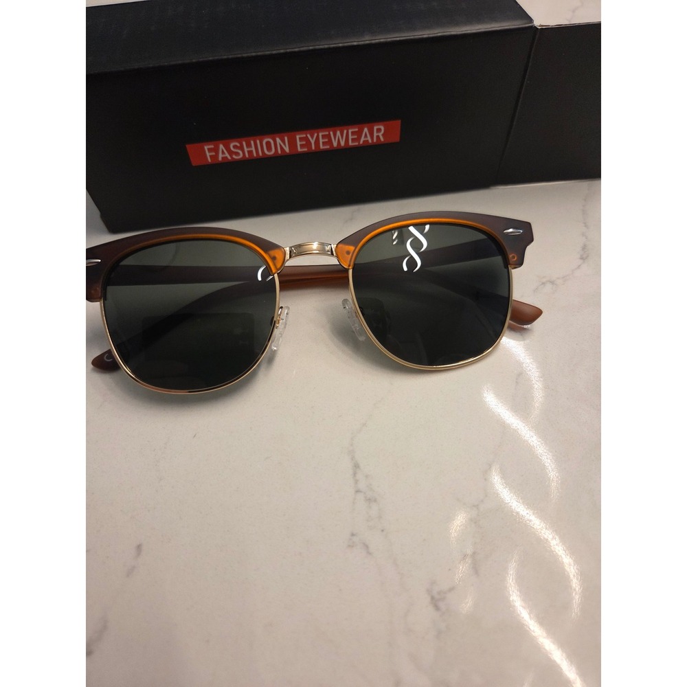 FASHION EYEWEAR Brown Tortoise Gold Clubmaster Style Sunglasses Retro Browline - Picture 3 of 3